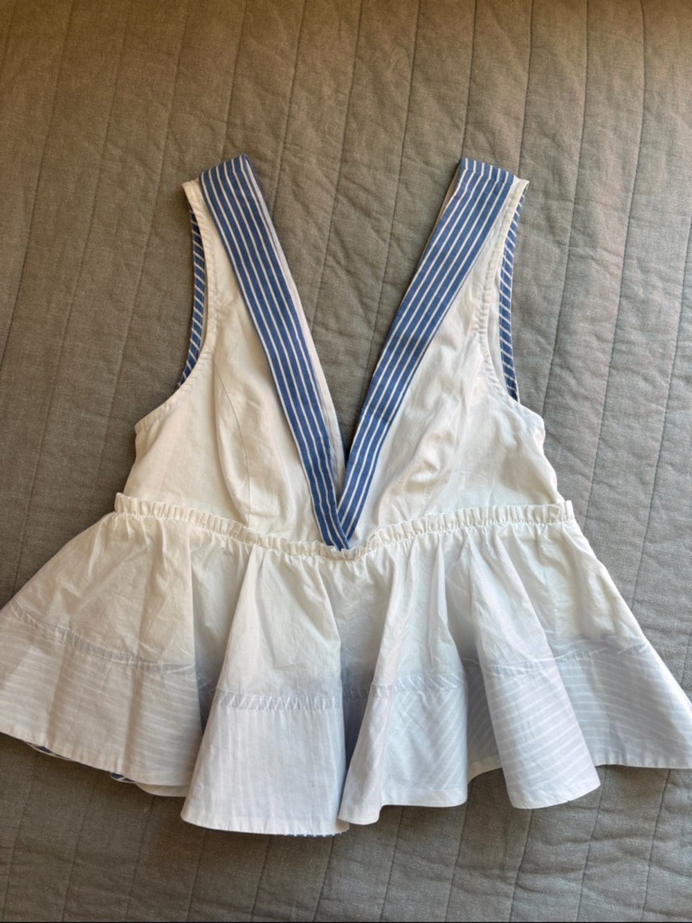 Maeve White Peplum Crop Top with Blue Striped V-Neck Trim